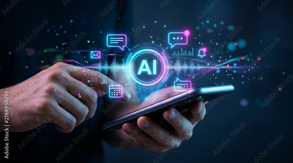 Fototapeta premium Modern technology featuring AI intelligence and machine learning on a smartphone.