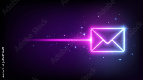 Digital newsletter campaign banner design with neon email icon and business communication elements.