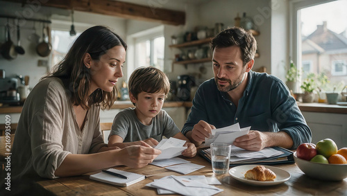 Warm kitchen scene with family gathered around table. Mother, father, and child focus on papers together. Natural light streams through window behind them. They appear engaged, thoughtful