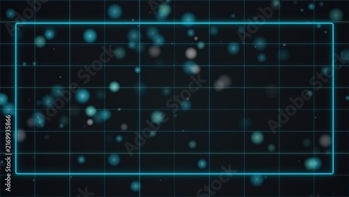 Abstract background with glowing teal particles and a rectangular frame on a dark navy blue surface