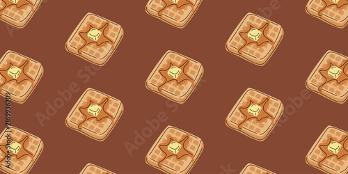 Hand Drawn Waffle Pattern with Maple Syrup and Butter, Cute Breakfast and Bakery Food Background