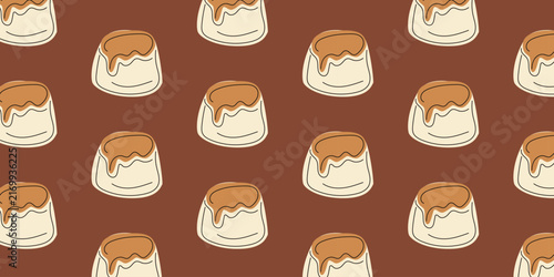Hand Drawn Caramel Pudding Pattern with Cute Creamy Custard Dessert Illustrations on Brown Background
