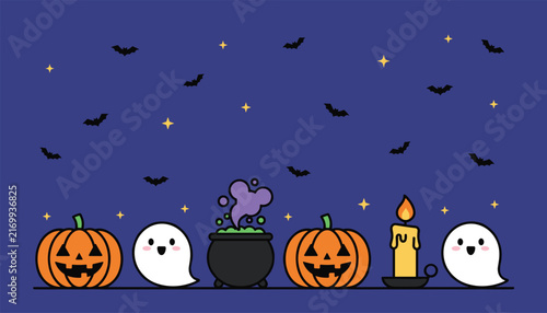 Cute halloween banner with hand drawn pumpkins, friendly ghosts, boiling cauldron, burning candle, and bats on dark purple background.