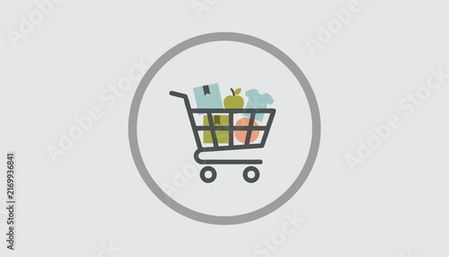 Flat vector illustration of a shopping cart filled with groceries, apparel, and goods within a circular frame on light background.