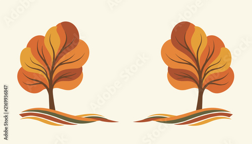 Symmetrical illustration of two beautiful autumn trees with colorful orange red and yellow foliage on yellow land.