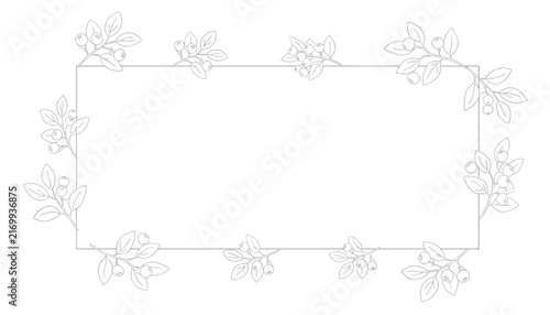 Elegant rectangular card template with delicate dashed line illustrations of blueberry branches on a white background.