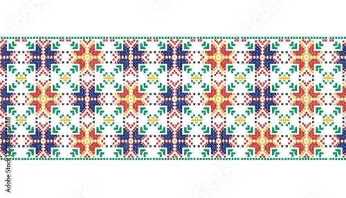 Traditional pixelated geometric embroidery pattern with red, blue, green, and yellow ornaments on white background.