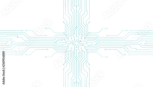 High-tech digital background showing abstract blue circuit board connections stretching in a cross pattern on white.