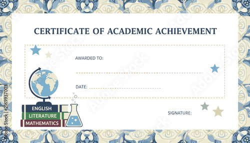 Elegant certificate of academic achievement template decorated with school books, globe, beaker, and floral border.