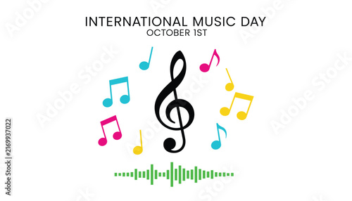 International music day celebration graphic featuring a large black treble clef, colorful notes, and sound wave.