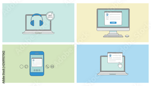 Four panel cartoon illustration showcasing customer service channels on laptop, desktop, mobile, and digital chat.