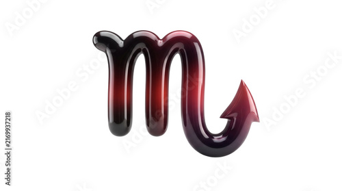 Glossy Scorpio zodiac symbol with a dramatic curved tail and deep burgundy, crimson and plum gradients, isolated on white background.
