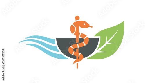 Caduceus medical symbol paired with fresh green leaf and water waves, illustrating holistic medicine and natural pharmacy.