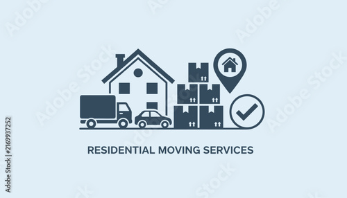 Residential moving services banner presenting house icon, stacked cardboard boxes, shipping truck, and checkmark.
