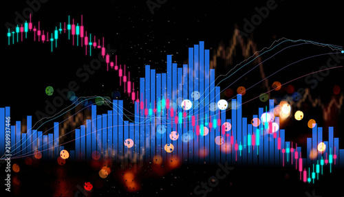 Foto Dynamic financial stock chart showing market volatility with blue bar graphs and fluctuating trend lines on a professional dark digital display