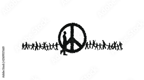 People silhouettes stand in a unified line, holding hands and forming a powerful human chain around a prominent, textured peace symbol, symbolizing global solidarity and the collective pursuit of.