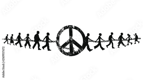 Stylized human silhouettes form an unbroken chain, extending through a gritty, prominent peace symbol, powerfully representing enduring collective action and human connection in the ongoing quest for.