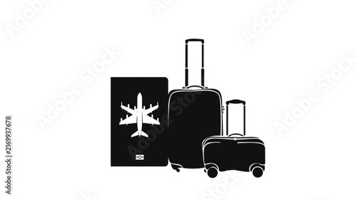 Luggage set and travel document silhouette, featuring an airplane icon, symbolizing global journeys, vacation planning, and airport readiness on a crisp white backdrop for international adventures.