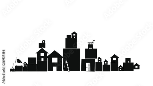 Cityscape silhouette presents a minimalist urban landscape with various building shapes and small details, starkly rendered in black against a clean white background, symbolizing community.