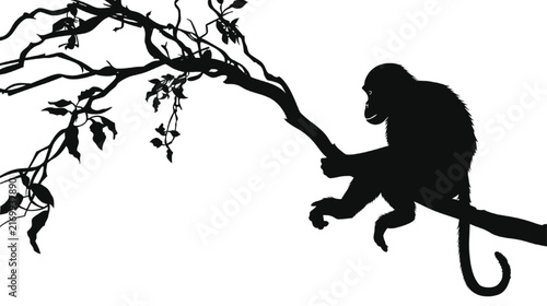 Monkey silhouette sits contemplatively on a stylized jungle tree branch, rendered in stark black against a pristine white background, evoking themes of wild nature and simplified elegance.