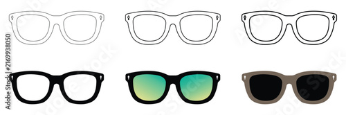 Sunglasses silhouette vector icons set. Modern sunglasses silhouette collection. White black and colorful glasses collection. Vector illustration.