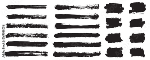 Set of vector paint brush stroke, ink splash and grungy decoration elements. Grunge ink paint texture collection. Vector illustration.