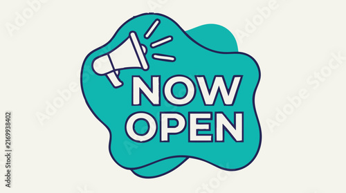 Now Open sign with megaphone icon on abstract blob shape graphic