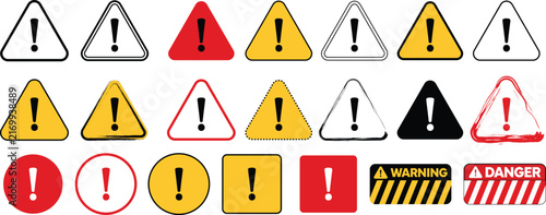Warning Caution and Danger Sign Icon Collection with Exclamation Symbols Vector Set