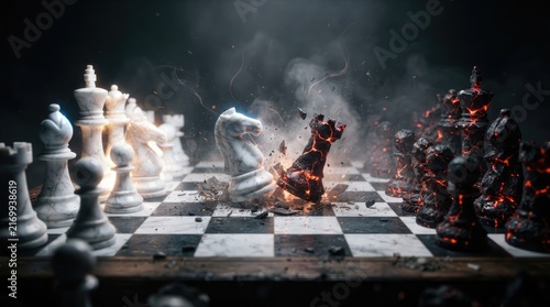 Dramatic Battle of White and Black Chess Pieces Colliding in an Explosive Clash of Strategy and Competition on a Classic Checkered Game Board