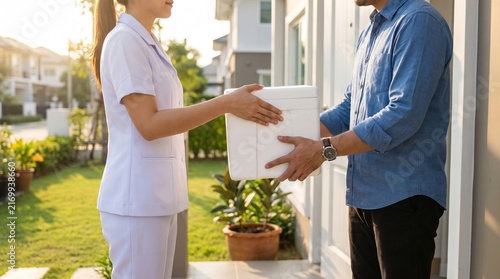 Female nurse delivering medical box to man at home doorstep, healthcare service