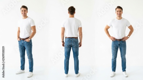 Young man wearing white t-shirt and blue jeans standing in front view back view and side view poses for fashion style