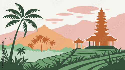 Ubud panoramic silhouette vector illustration with Balinese split gates and Saraswati Temple