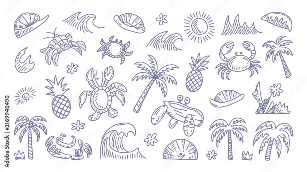 Obraz premium Set of hand drawn summer beach doodles with crabs palm trees waves pineapple and sun icons