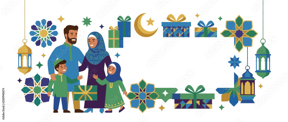 Naklejka premium Festive Family Celebration with Gifts and Geometric Ornaments