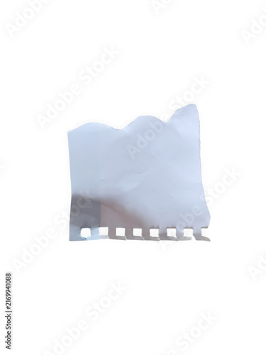 A small white piece of torn paper with a rough edge