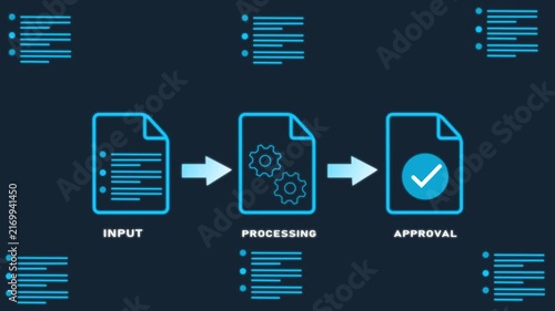 Automated Document Processing Workflow Concept with Data Input, System Processing, and Final Approval Icons