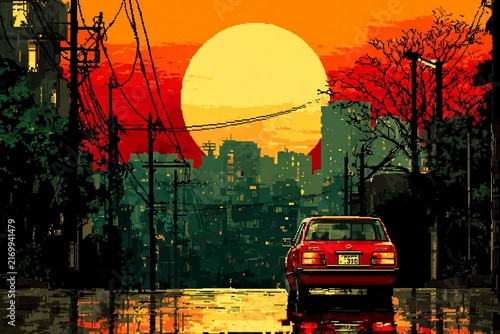 Vibrant Sunset Over a City Street With a Classic Car Parked Beside Glowing Puddles Generative AI