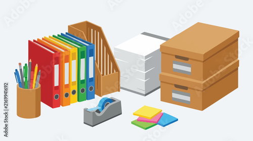 Isometric illustration of office supplies, including binders, paper, and boxes