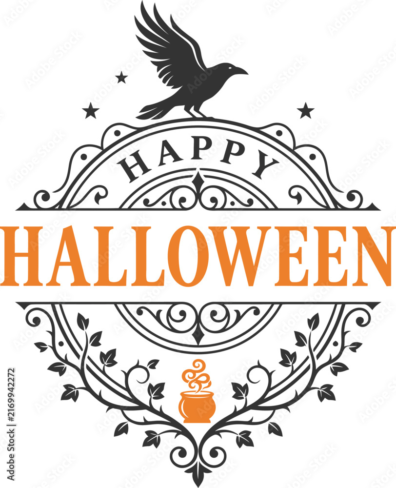 Fototapeta premium Vintage Happy Halloween badge with raven and cauldron