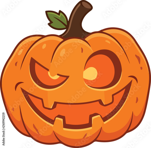Mischievous grinning cartoon Halloween carved pumpkin Jack-o'-lantern on a white background
