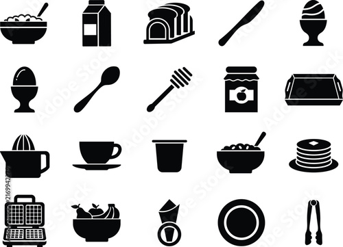 Morning meal symbols including boiled egg knife spoon honey dipper
