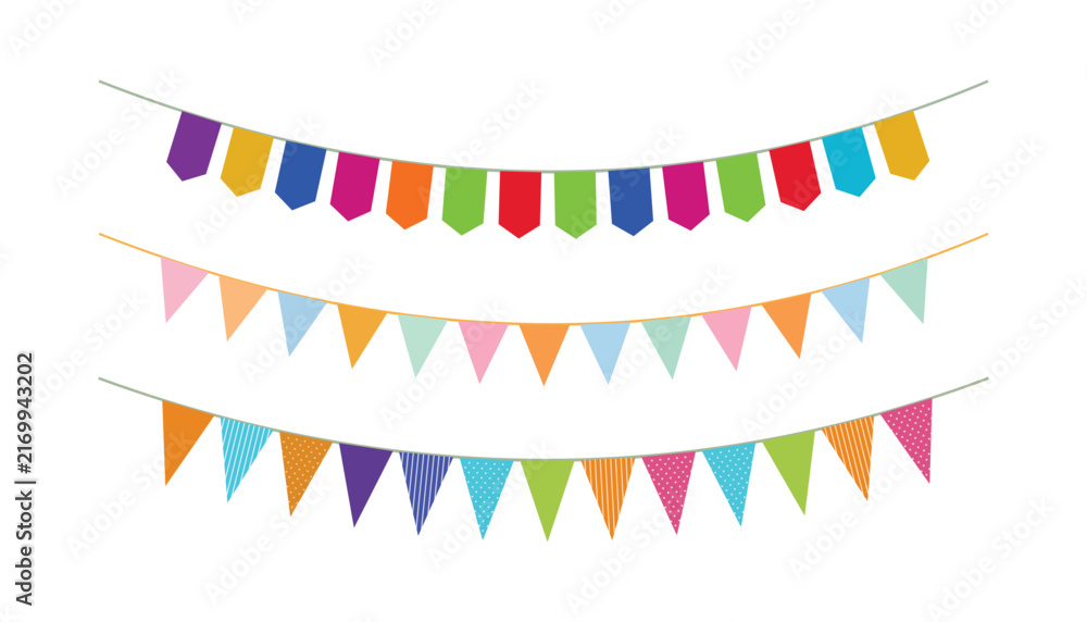 Obraz premium Three strings of colorful bunting flags vector illustration of festive party garlands with various shapes, solid colors, and patterned designs
