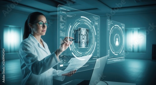 Scientist Engaged With Futuristic Medical Holograms And Digital Data Interfaces