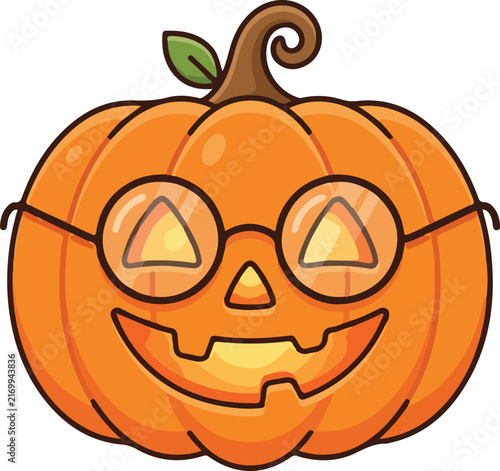 Cute cartoon Halloween pumpkin wearing glasses on a white background