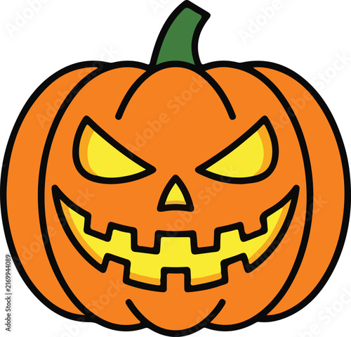 Scary Halloween carved pumpkin Jack-o'-lantern with glowing evil face isolated on white background.