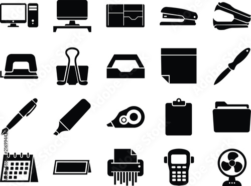 Business workplace icons including binder clip paper tray memo note
