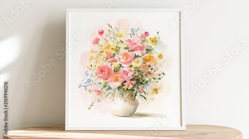 Soft watercolor bouquet of summer flowers in pastel tones