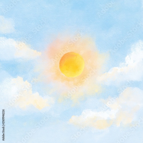 Soft watercolor sun over a pastel sky with fluffy clouds
