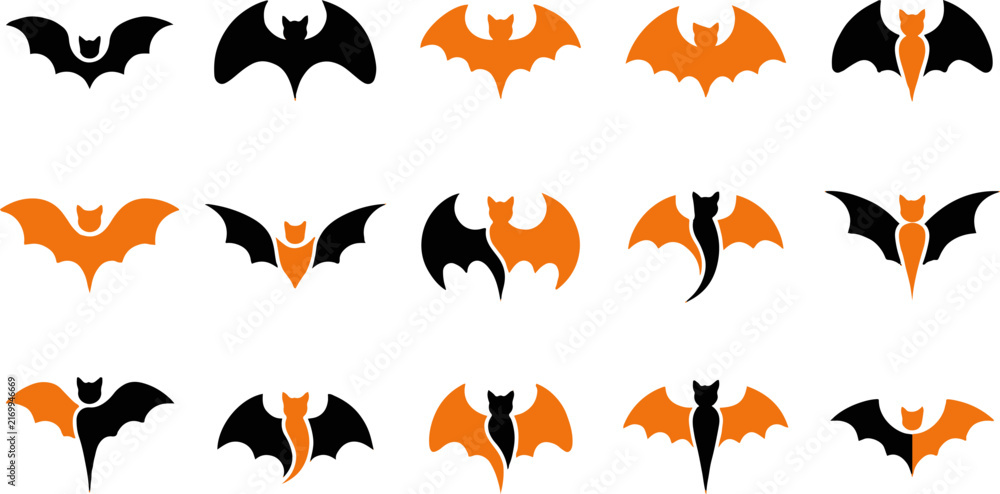 Fototapeta premium A collection of various black and orange bat illustrations designed for creative halloween party decorations and festive projects