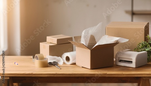 E-commerce packing station shipping boxes bubble wrap label
